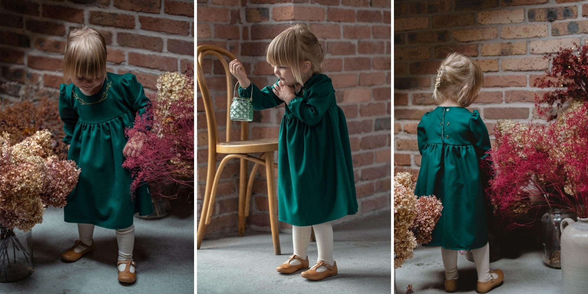 sukienka dla dziewczynki butelkowa zieleń ubranka świąteczne lilen