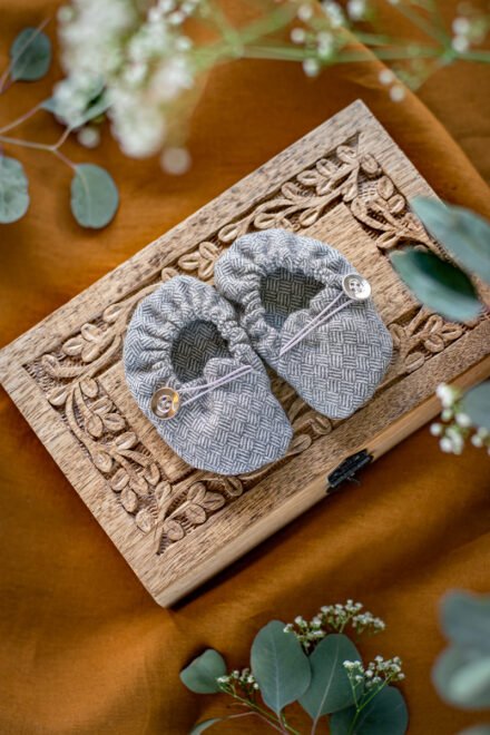buty do chrztu dla chłopca szare z wełny merino ekskluzywne lilen
