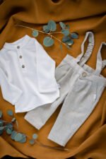 elegancki i wyjątkowy komplet do chrztu dla chłopca z wełny merino handmade lilen