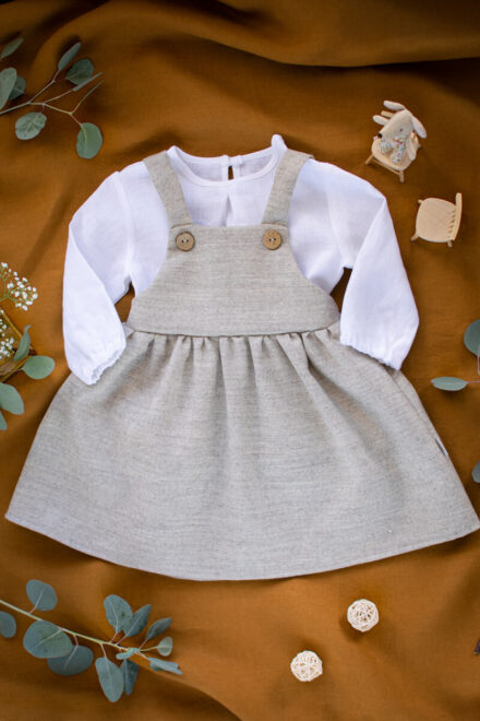 komplet na roczek dla dziewczynki wełna merino sukienka i bluzeczka naturalne materiały lilen