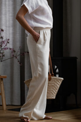 spodnie materiałowe lniane z wysokim stanem i szerokimi nogawkami lilen