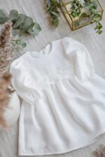 luksusowa elegancka sukienka na chrzest dla dziewczynki z tencelu z koronką długi rękaw