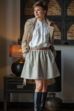 stylizacja do pracy w londyńskim stylu krótka spódnica damska z wełny, elegancka biała koszula i trencz