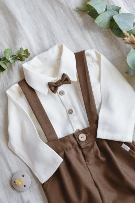 elegancki zestaw do chrztu dla chłopca wełna merino z muszką