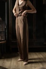 eleganckie spodnie damskie wełna merino brązowe z wysokim stanem polska marka