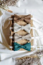 muszka wełniana brązowa, beżowa jodełka, naturalna jodełka lilen