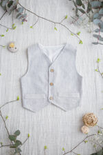 kamizelka wizytowa dla chłopca jasno szara lniana na chrzest ślub wesele roczek