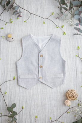 kamizelka wizytowa dla chłopca jasno szara lniana na chrzest ślub wesele roczek