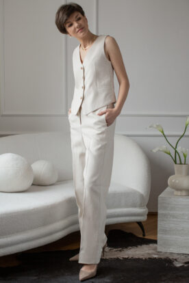 garnitur damski na komunię jasny lniany w jodełkę elegancki garnitur damski z kamizelką z lnu