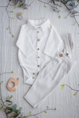 zestaw do chrztu dla chłopca naturalny lniany beżowy szyty w polsce