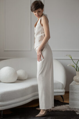 materiałowe spodnie damskie do garnituru z lnu w jodełkę