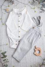 garnitur dla niemowlaka na chrzest naturalny szary lniany jasny elegancki premium szyty w polsce