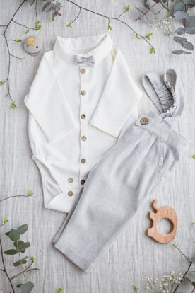 garnitur dla niemowlaka na chrzest naturalny szary lniany jasny elegancki premium szyty w polsce