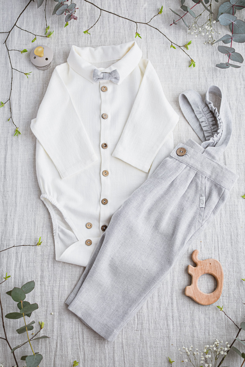 garnitur dla niemowlaka na chrzest naturalny szary lniany jasny elegancki premium szyty w polsce